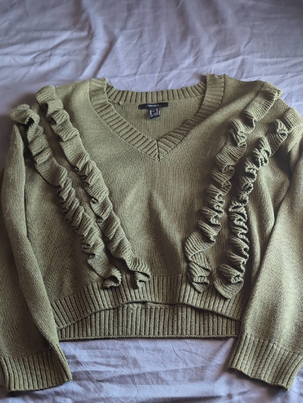 Olive Ruffle V-Neck Sweater